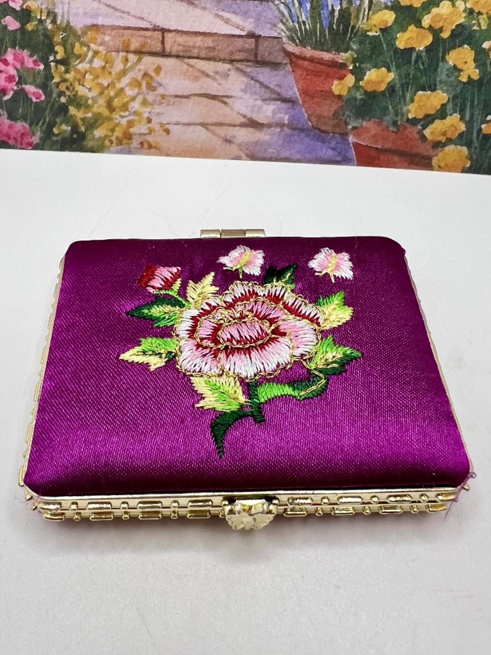 SALE 3/$20**Double Mirror Compact Purple Satin with Embroidery
